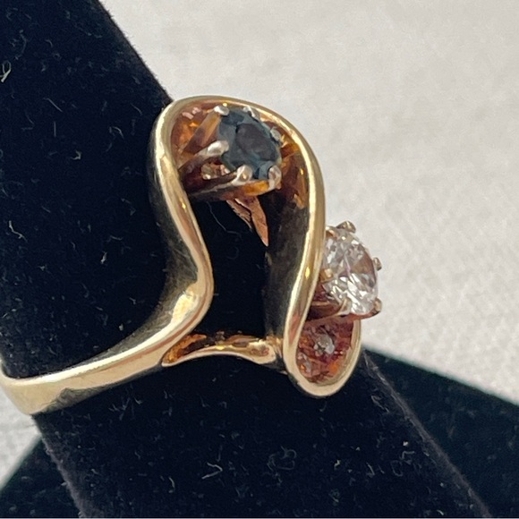 Vintage 14kt Gold European Cut Diamond & Blue Diamond Sz 7.75 Toi Et Moi Ring - Picture 9 of 11